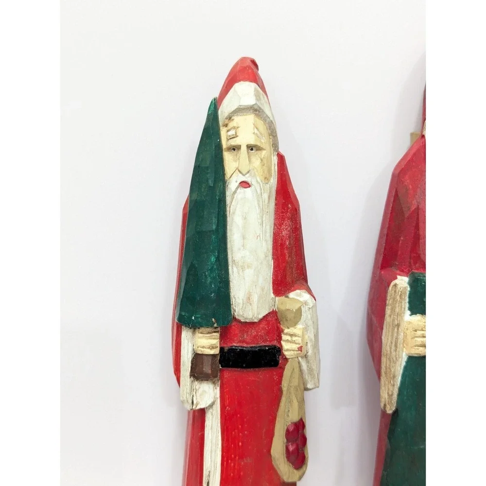 MIDWEST CANNON FALLS Carved Wooden Santa Set of 2 Folk Art Primitive Christmas